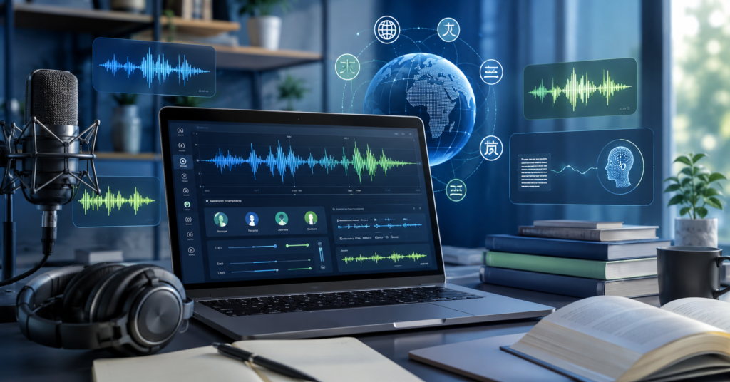 AI text to speech tools dashboard with audio waveforms, microphone, headphones, podcast production, audiobook visuals, and language icons