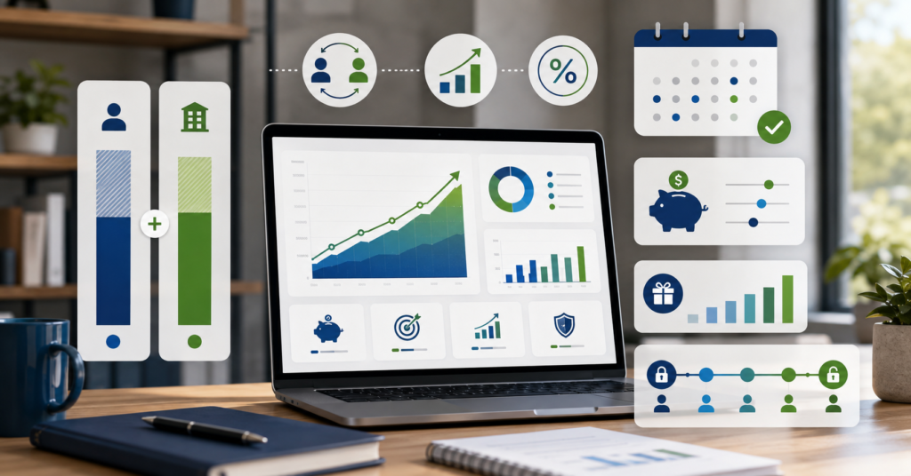 401k employer match growth dashboard showing contribution bars, retirement savings chart, payroll calendar, bonus planning, and vesting timeline