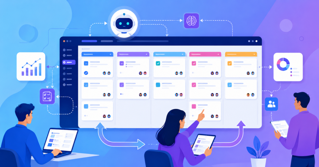 Digital Kanban board with AI assistants helping teams manage workflows and project tasks