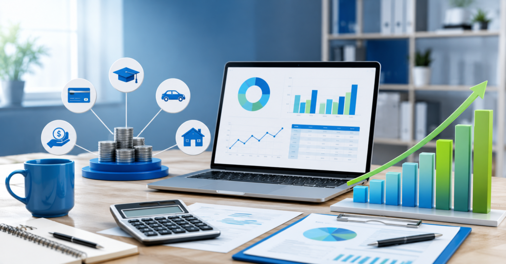 Debt consolidation loan comparison dashboard with credit score improvement and financial recovery analytics