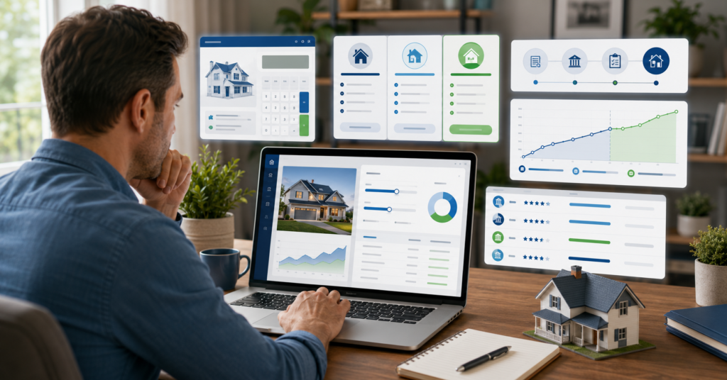 Homeowner reviewing mortgage refinance options with calculator dashboard, lender comparison cards, break-even chart, and house model