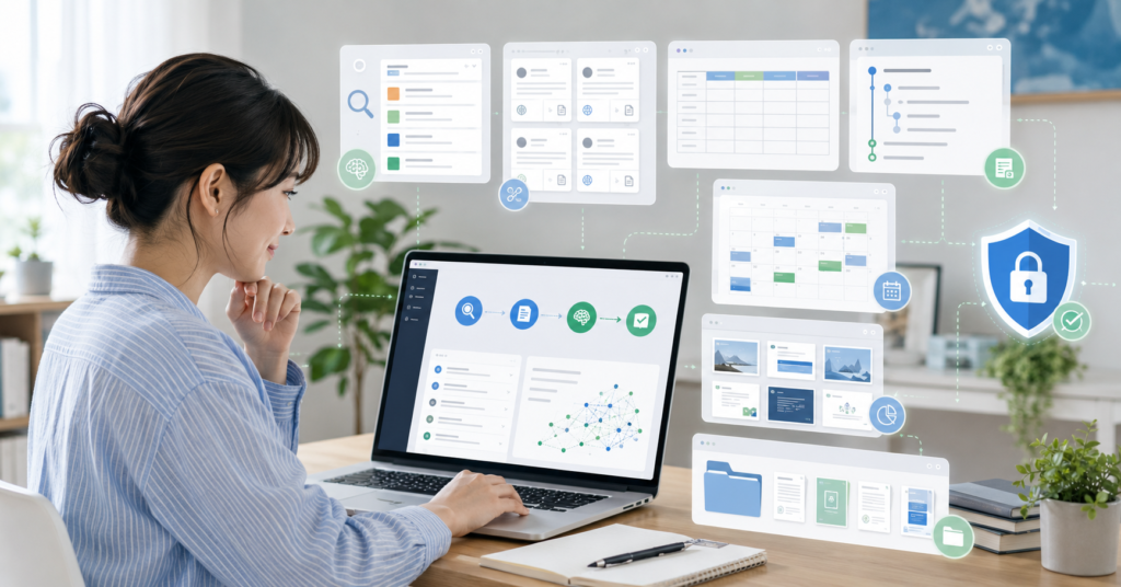 Genspark AIを使って副業リサーチ、記事構成、比較レポート、SNS企画を進める日本人フリーランサー