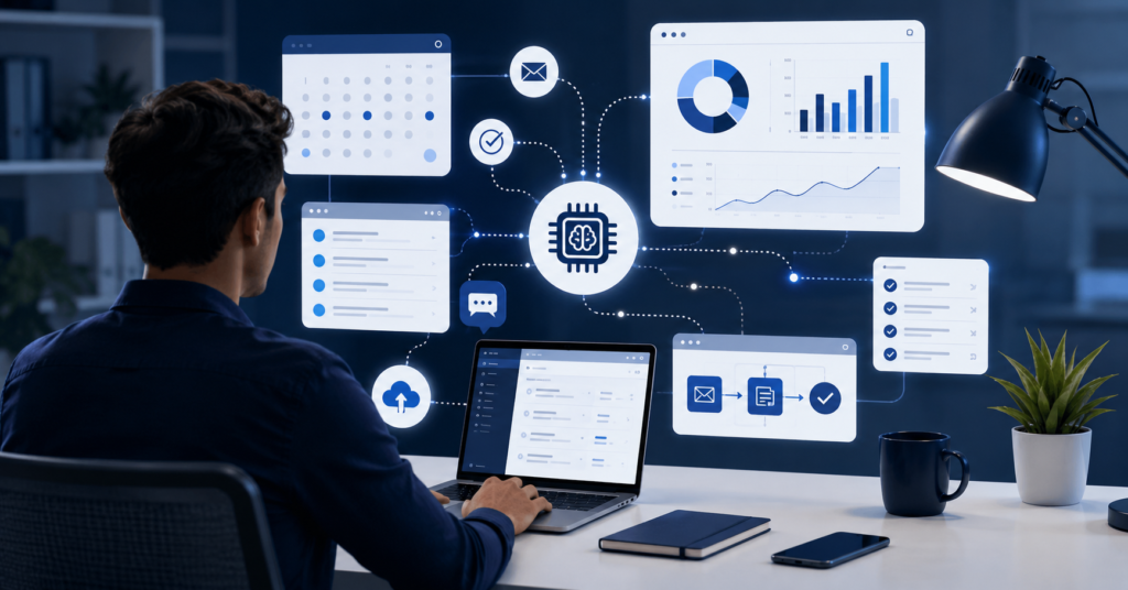 Remote freelancer using AI workflow automation tools to improve productivity and collaboration in 2025