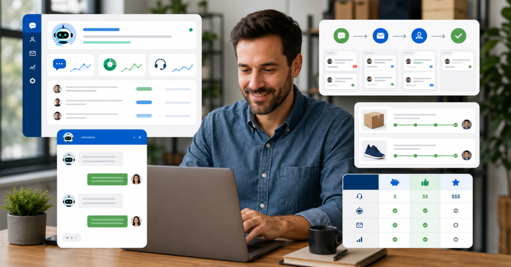 Small business owner using AI customer service tools with helpdesk dashboard, live chat automation, and support ticket workflow