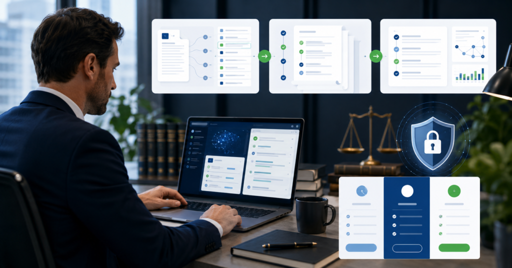 AI tools for lawyers comparison dashboard with legal research, contract review, and secure law firm workflow