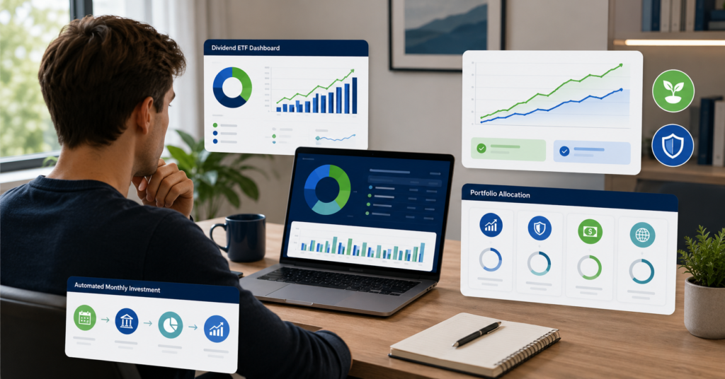 Beginner investor reviewing Roth IRA dividend portfolio dashboard with ETF allocation, automated monthly investment workflow, and tax-advantaged growth chart
