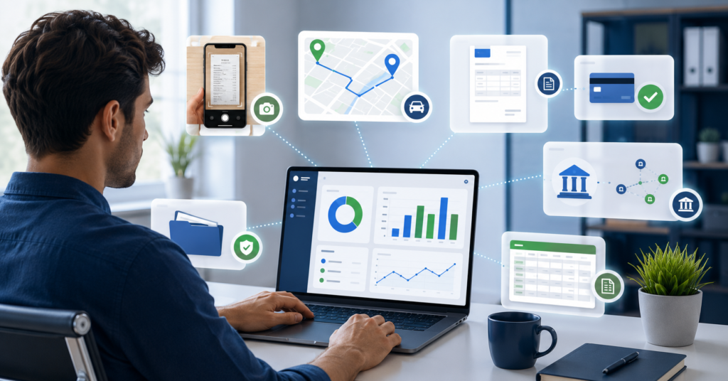 Freelancer comparing expense tracking apps with receipts invoices mileage and bank syncing dashboard