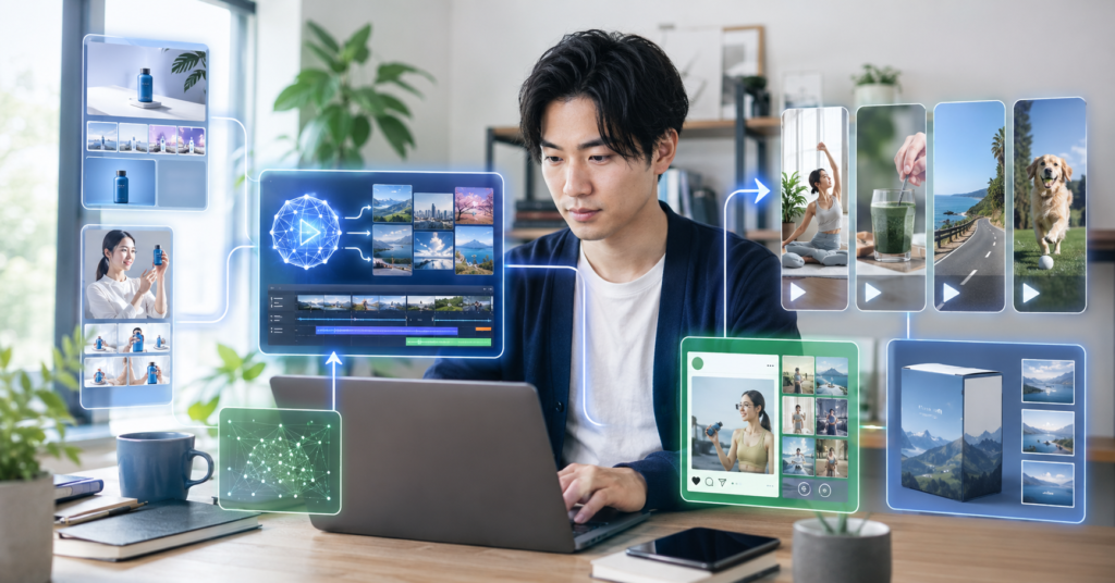 Veo 3を使ったAI動画副業の制作ワークフローとショート動画収益化イメージ