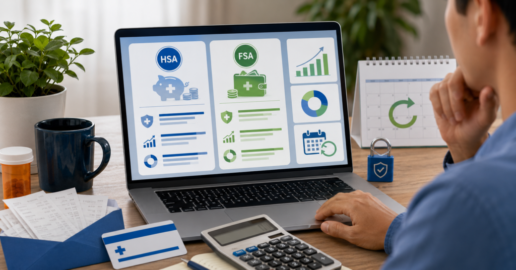 HSA vs FSA 2026 comparison dashboard with medical receipts, calculator, and healthcare savings account cards