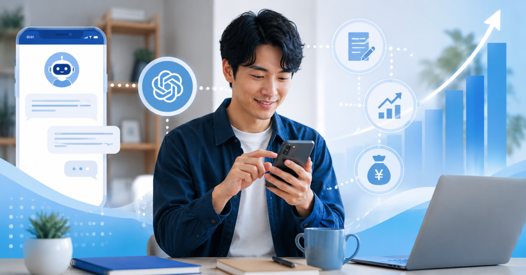 スマホだけでAI副業を行う日本人の作業風景
