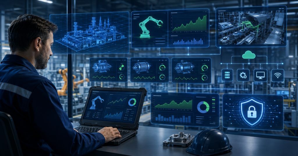 Manufacturing operations manager comparing AI tools for predictive maintenance, quality inspection, production monitoring, digital twins, and factory analytics in 2026