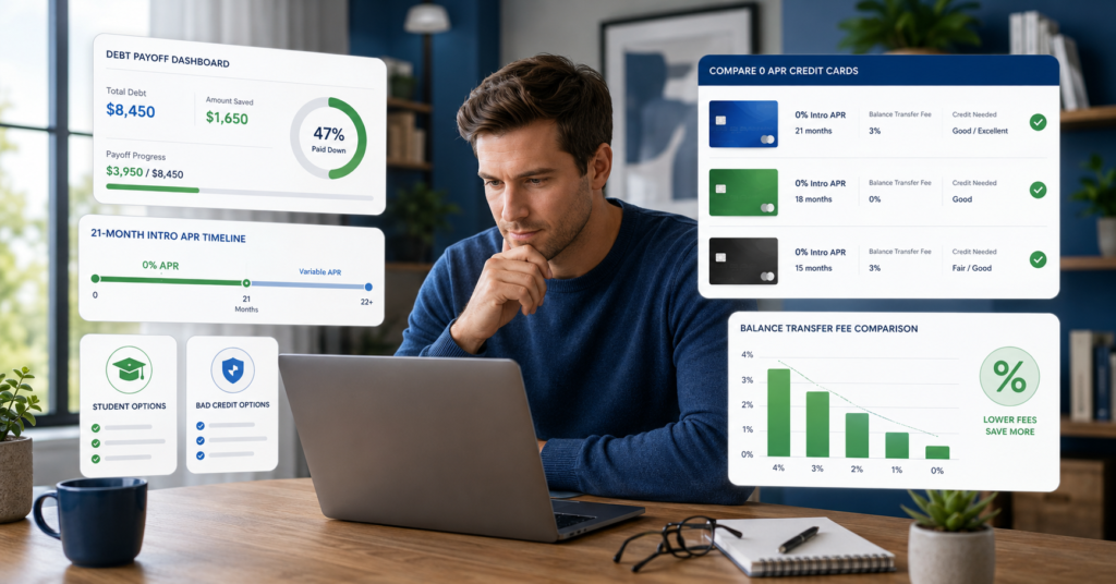 Person comparing 0 APR credit cards for balance transfers with debt payoff dashboard, fee chart, and intro APR timeline