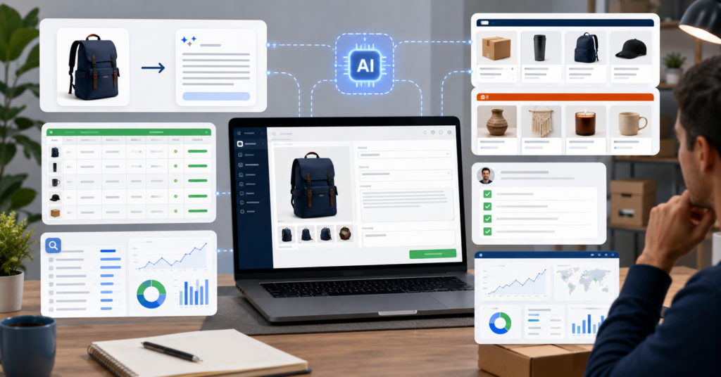 AI product description workflow for e-commerce sellers with bulk SKU spreadsheet, SEO panel, and online store dashboard