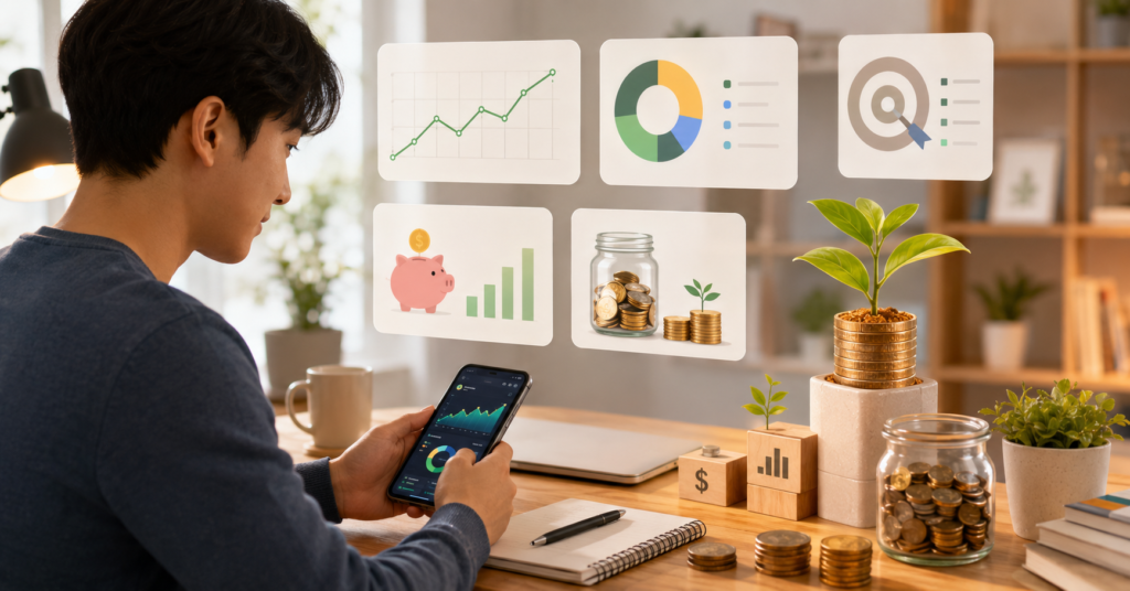Beginner investor using a smartphone investment app with savings growth charts and long-term wealth building visuals