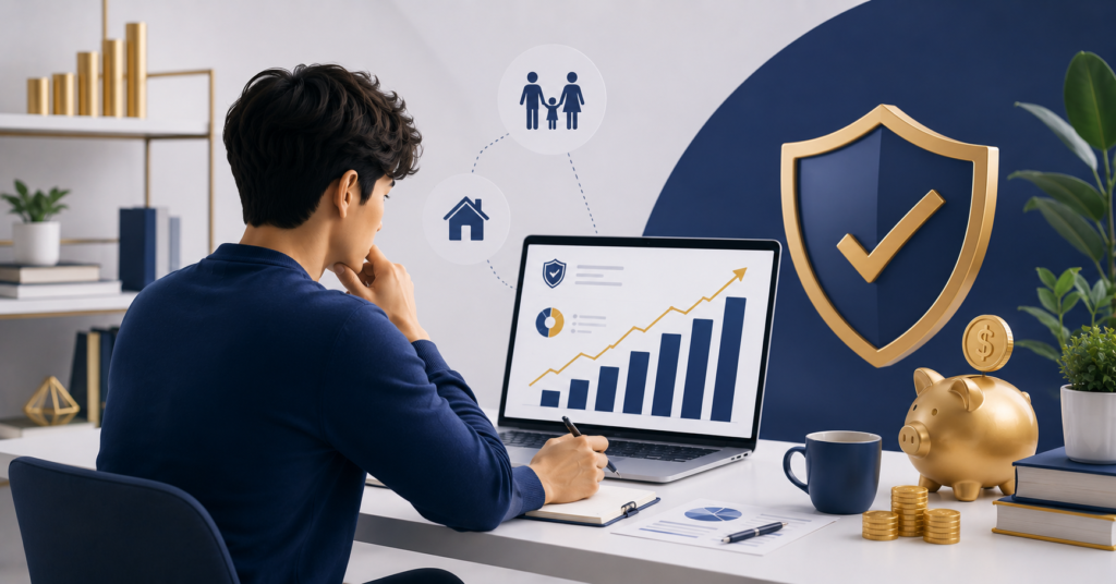 Young adult reviewing whole life insurance options with financial growth chart and wealth protection concepts