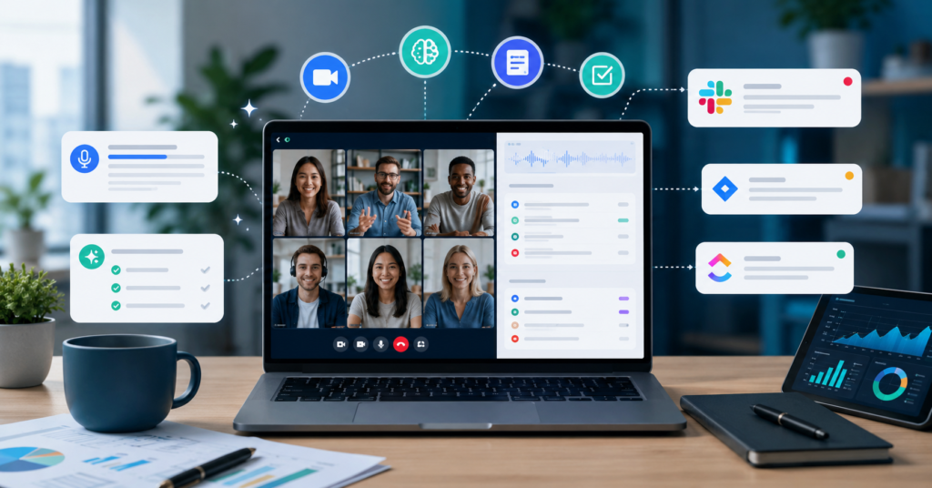 Remote team using AI meeting assistant software with automated meeting summaries and productivity dashboards