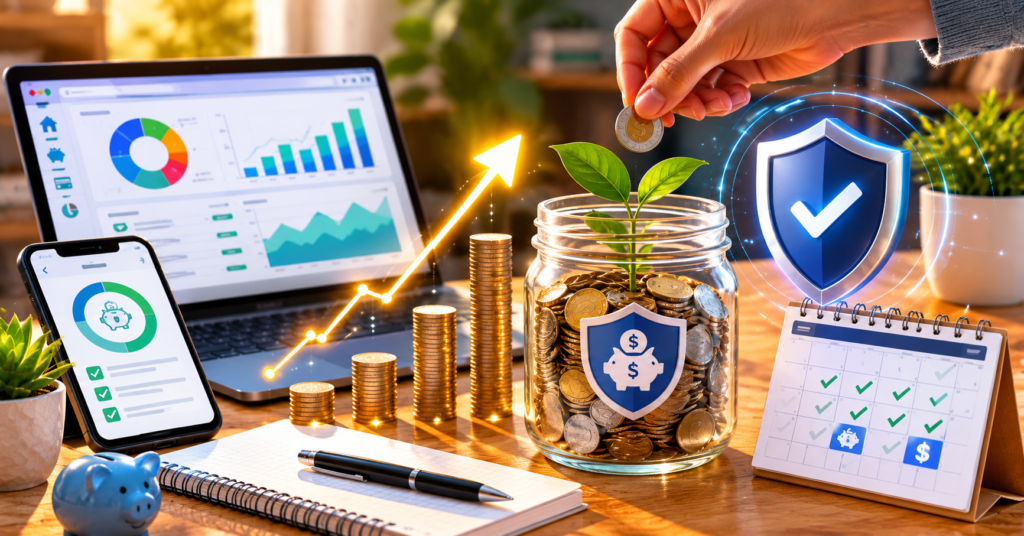 Emergency fund savings growth with coins, budget dashboard, and financial safety planning