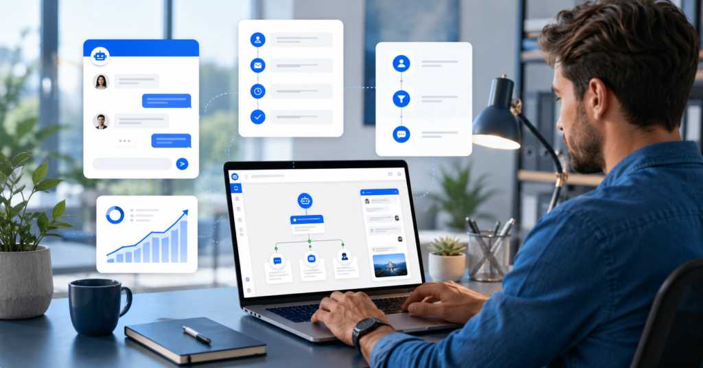 Small business owner using a no-code AI chatbot builder with customer support automation dashboard