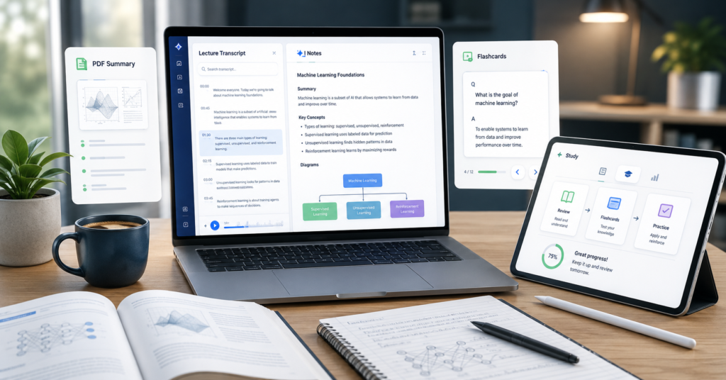 Student using AI note taking apps for lecture notes, PDF summaries, flashcards, and exam prep