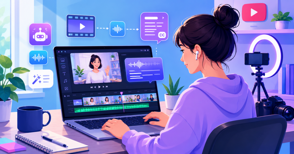 Beginner creator editing videos with AI-powered video editing software
