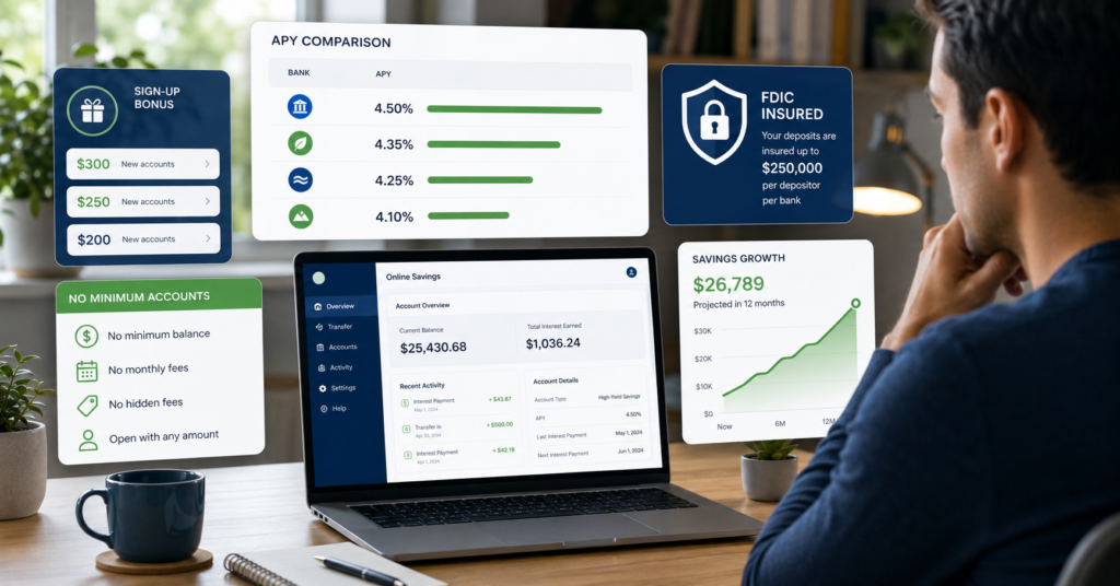 Person comparing high-yield savings accounts with APY dashboard, sign-up bonus panels, FDIC shield, and savings growth chart