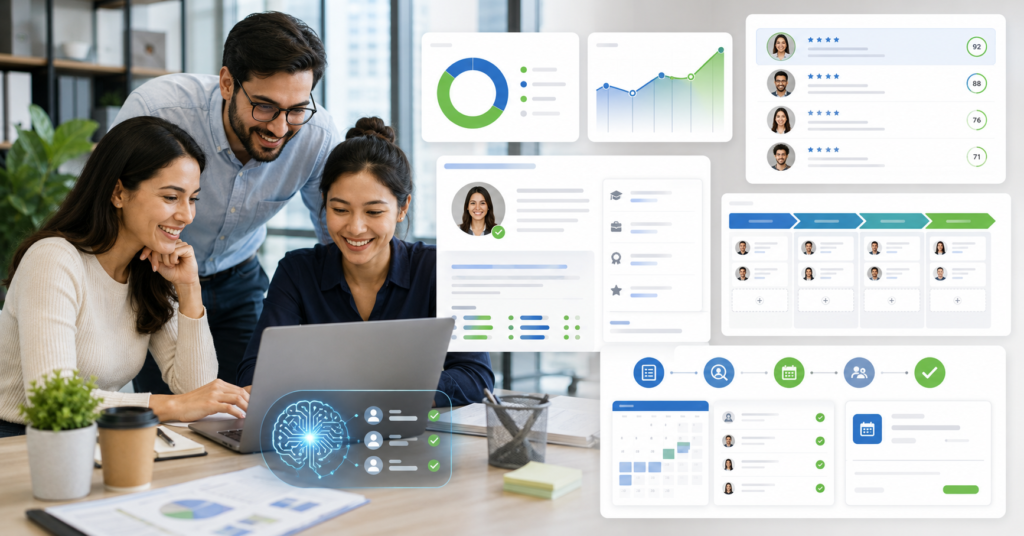 Small business HR team using AI recruiting software with candidate screening dashboard and applicant tracking workflow