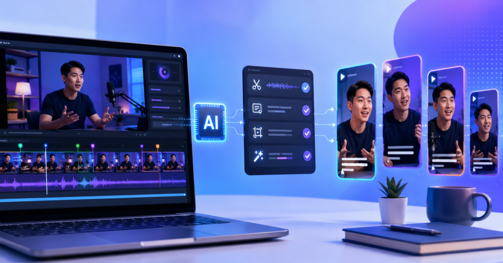 AI video editing workflow transforming long videos into short-form content for social media platforms