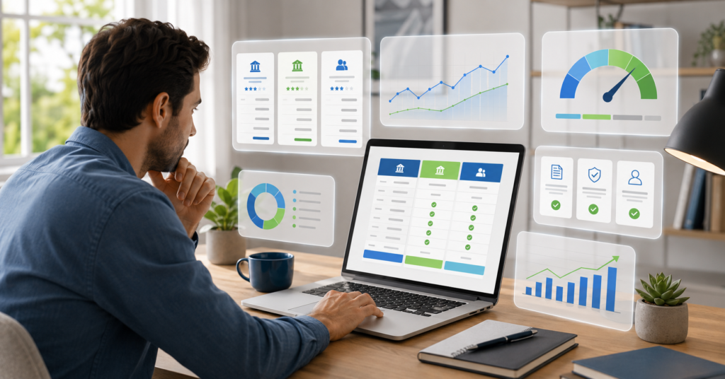 Person comparing personal loan offers on a laptop with lender dashboard, APR calculator, credit score gauge, and approval checklist