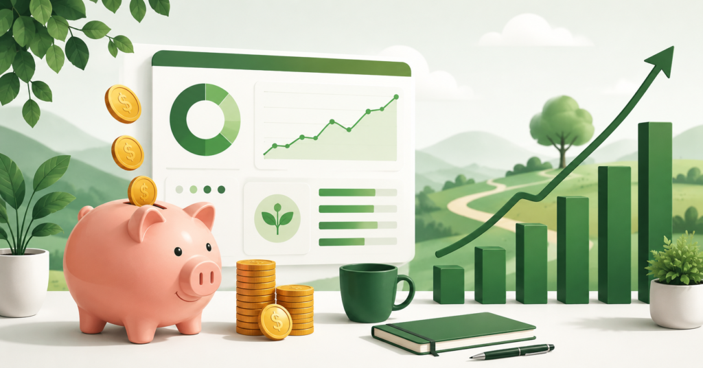 Piggy bank with coins, green growth chart, retirement savings dashboard, and upward investment graph in a clean green and white infographic style