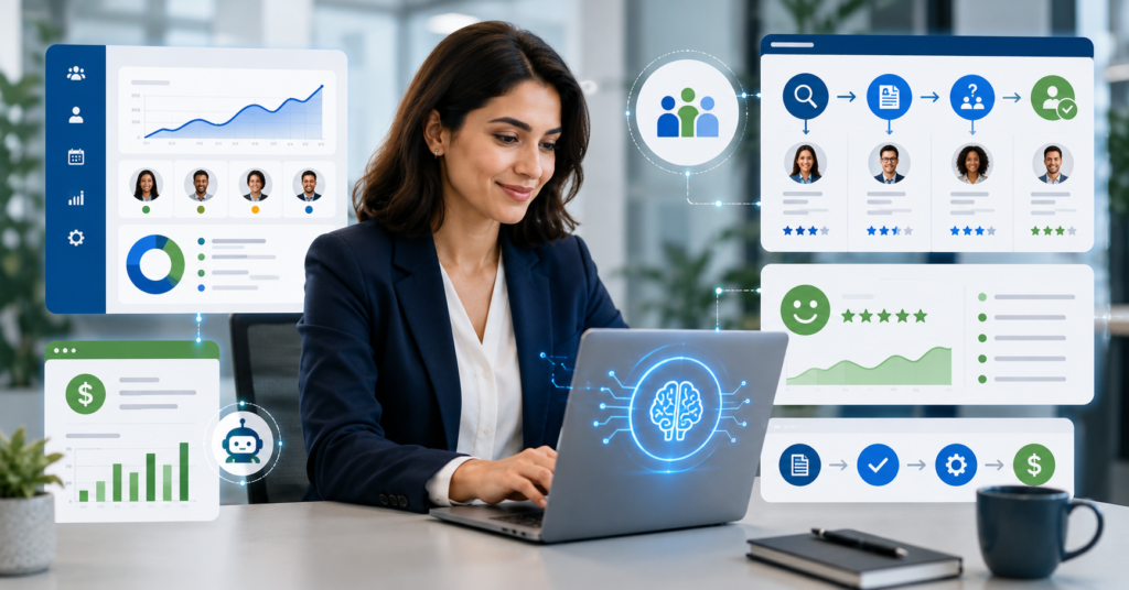 Modern HR manager using AI tools for recruitment, payroll automation, employee engagement analytics, and HR workflow management.