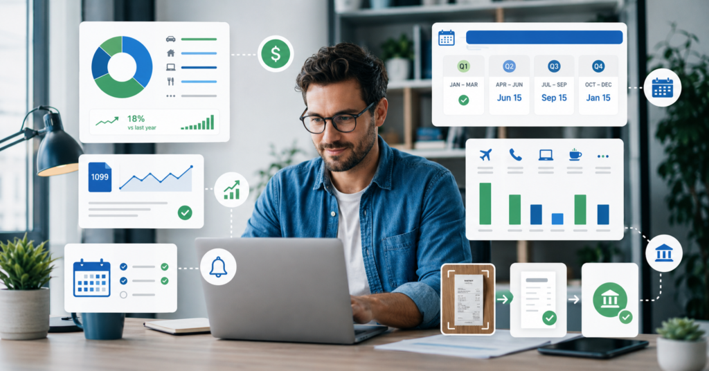 Self-employed professional using tax software to track 1099 income, deductions, quarterly taxes, receipts, and business expenses.
