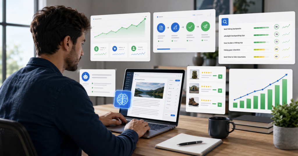 Content creator using AI writing tools on a laptop with affiliate marketing dashboard and revenue growth chart