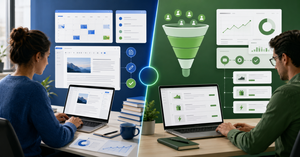 Jasper AI vs Copy.ai comparison showing SEO content workflow and GTM sales automation dashboard