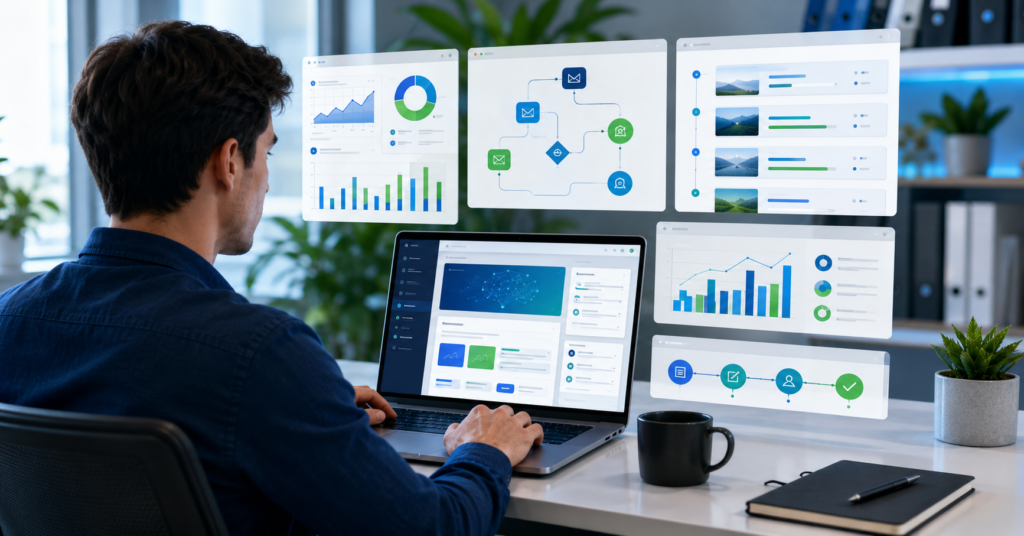 Affiliate marketer using AI tools for SaaS dashboards, commission charts, email automation, and content review workflow