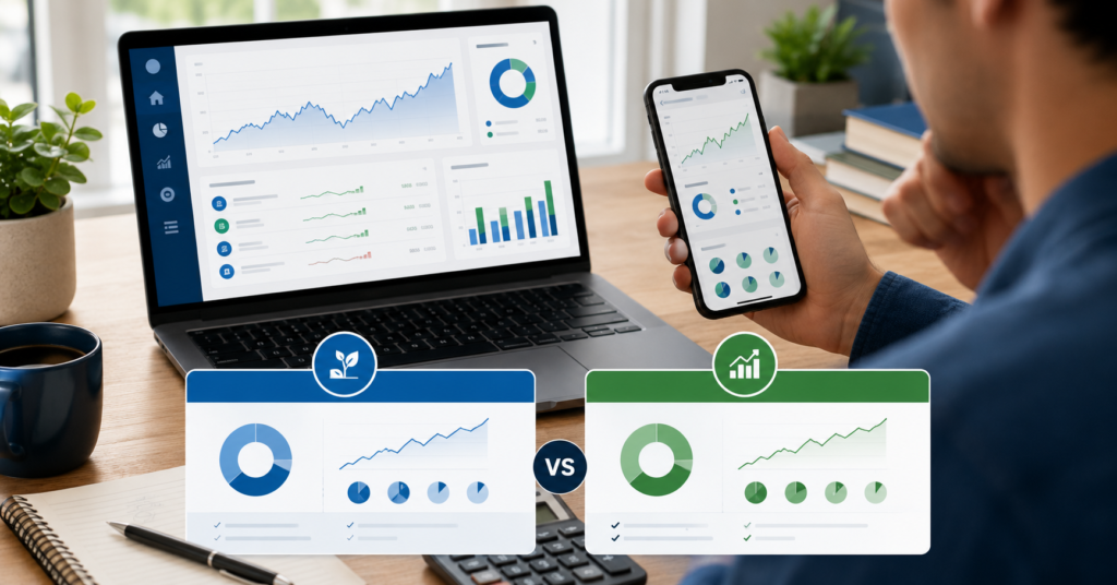 Beginner investor comparing brokerage accounts, ETF charts, fractional shares, and Roth IRA options