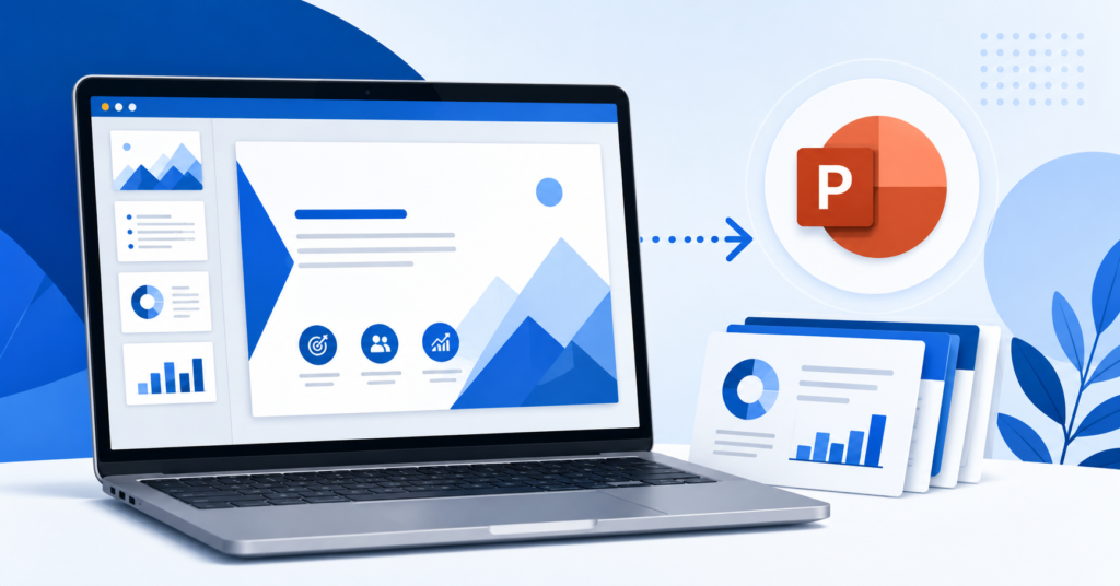 Laptop displaying AI-generated presentation slides with PowerPoint export integration