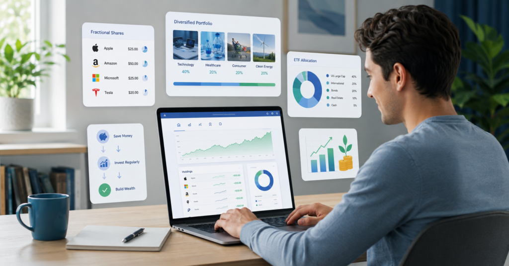 Beginner investor using a laptop with investment dashboard, fractional shares, ETF allocation chart, and portfolio growth visuals
