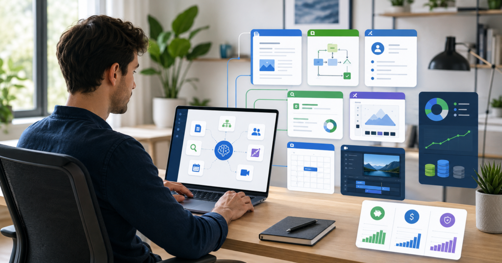 Solopreneur using AI tools for writing automation CRM design and research
