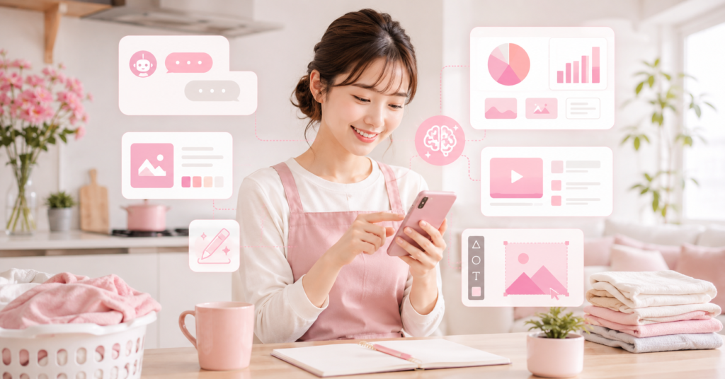 家事の合間にスマートフォンとAIツールを使って副業作業をする主婦のピンクとホワイトのインフォグラフィック画像