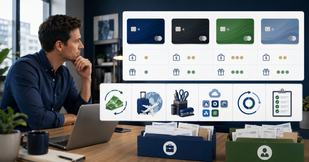 Startup founder comparing business credit cards, rewards, annual fees, cash back, travel points, approval checklist, and business expense categories