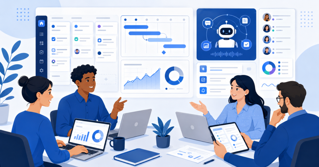 Team collaborating with AI project management dashboard, workflow cards, task charts, and productivity panels in a blue and white workspace