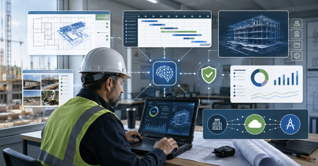 Construction project manager comparing AI tools for estimating, scheduling, BIM, field reporting, safety, and job costing in 2026