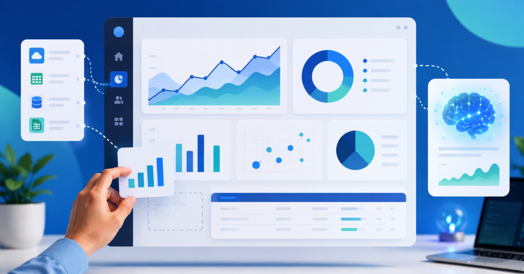 Modern AI analytics dashboard with drag-and-drop data visualization and automated business insights