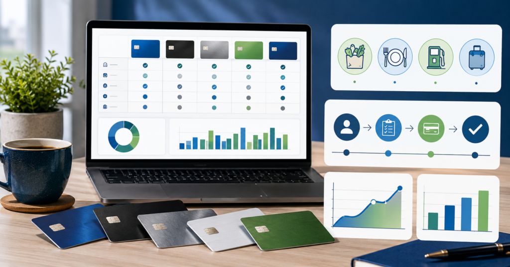 No annual fee credit cards with cash back rewards dashboard and spending category comparison