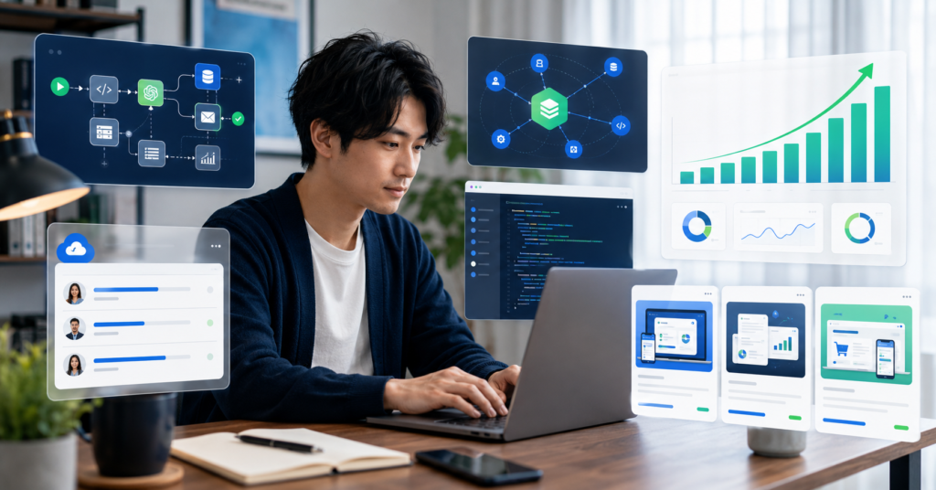 Japanese freelancer building a ChatGPT API side business with automation workflow panels and income growth dashboard