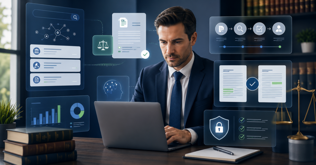 Practicing attorney using AI legal research software with document analysis, contract review, and security workflow panels