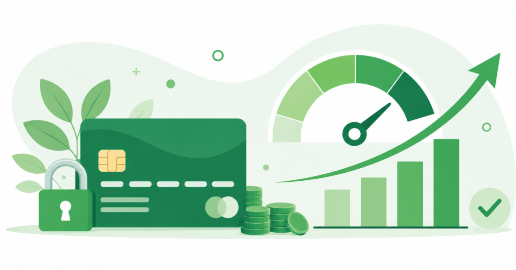 Secured credit card with rising credit score graph showing credit building progress in 2025