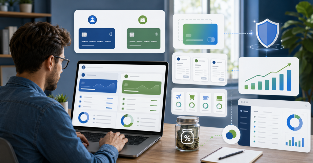 Freelancer comparing business checking accounts for fees, APY, FDIC coverage, tax tools, and accounting integrations in 2026