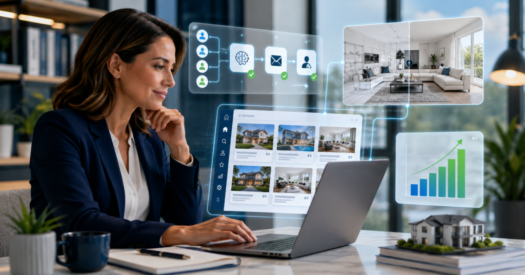 Professional real estate agent using AI tools for property listings, lead automation, virtual staging, and sales growth