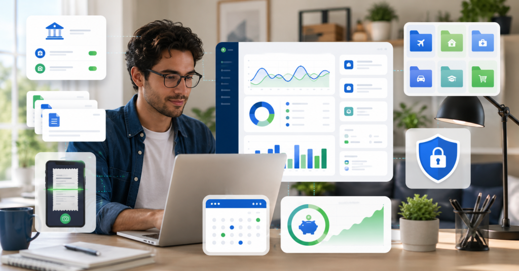 Freelancer comparing budgeting apps for irregular income, expenses, invoices, tax tracking, and bank sync in 2026